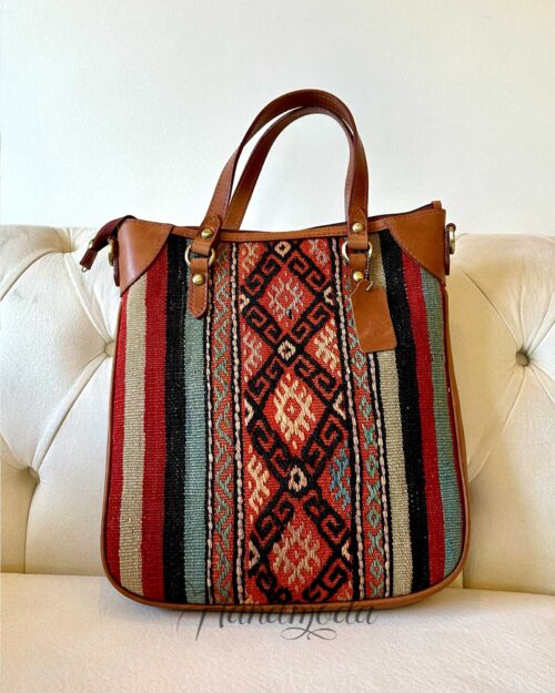 Hand Woven Casual Wool Leather Handmade Turkish Kilim Handbag