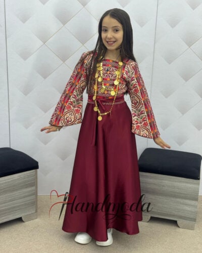 Palestinian Tatreez embroidered flower girl dress burgundy