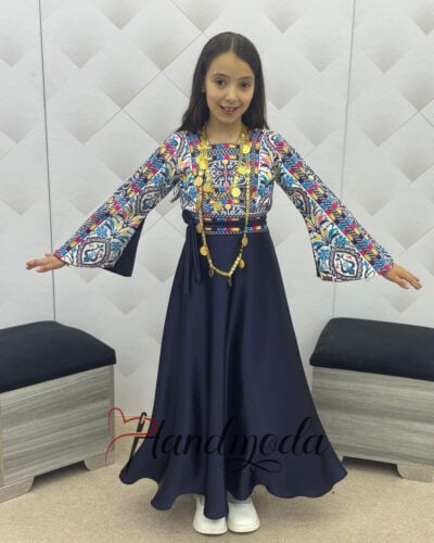 Palestinian Tatreez embroidered flower girl dress blue