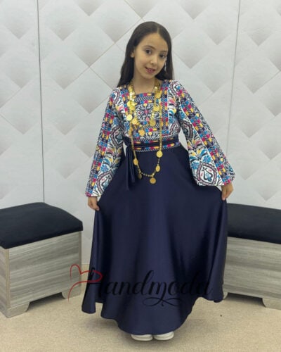 Palestinian Tatreez embroidered flower girl dress navy blue